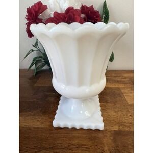 Vintage Milk Glass Pedestal Vase Scalloped Flared Footed Planter MCM Wedding